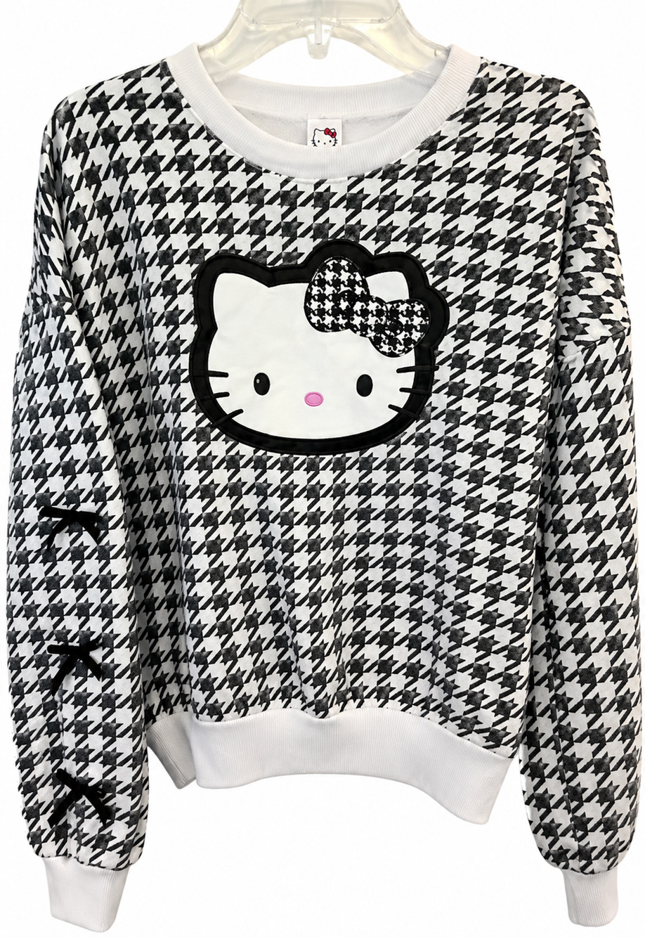 Hello Kitty Coquette Sweatshirt Womens Large Gray White Houndstooth Bow Sleeve